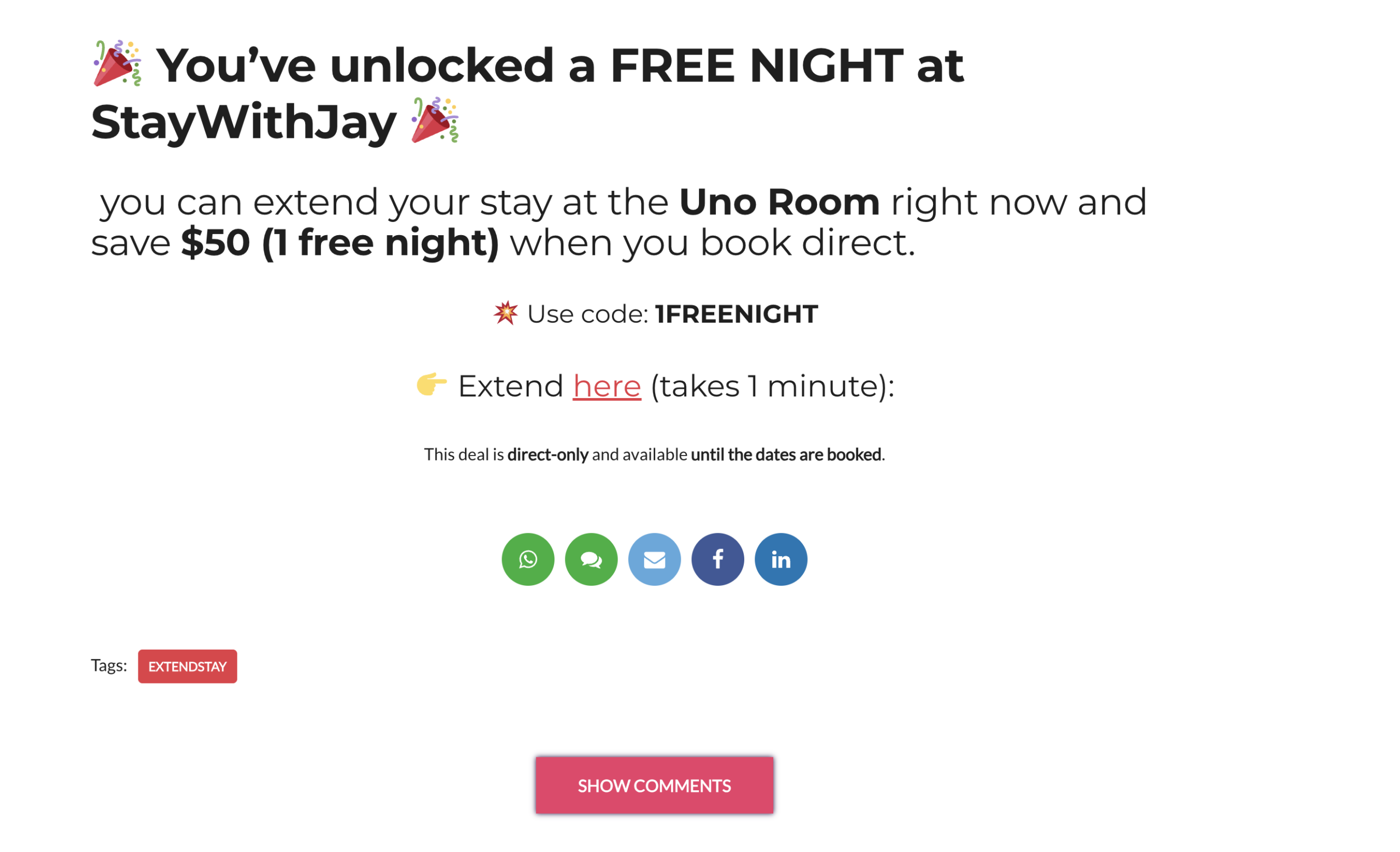 You’ve unlocked a FREE NIGHT at StayWithJay