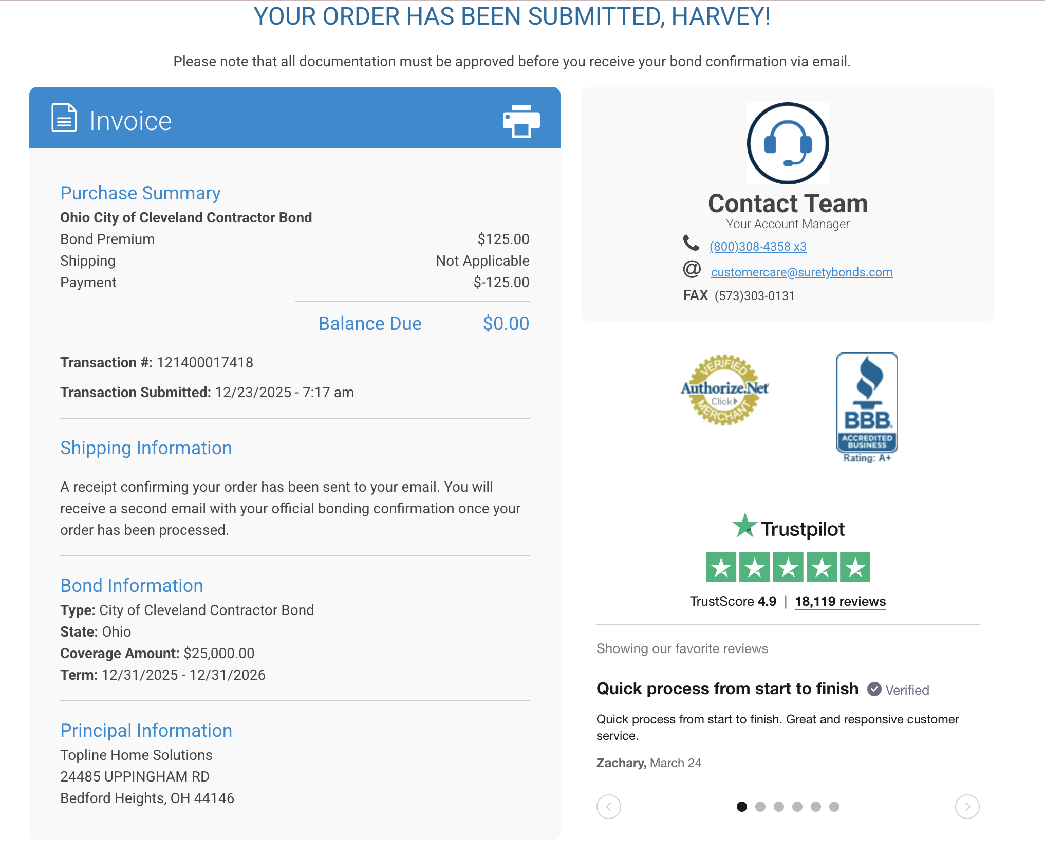 Restricted: Surety Bond Renewal Top Line Home Solutions