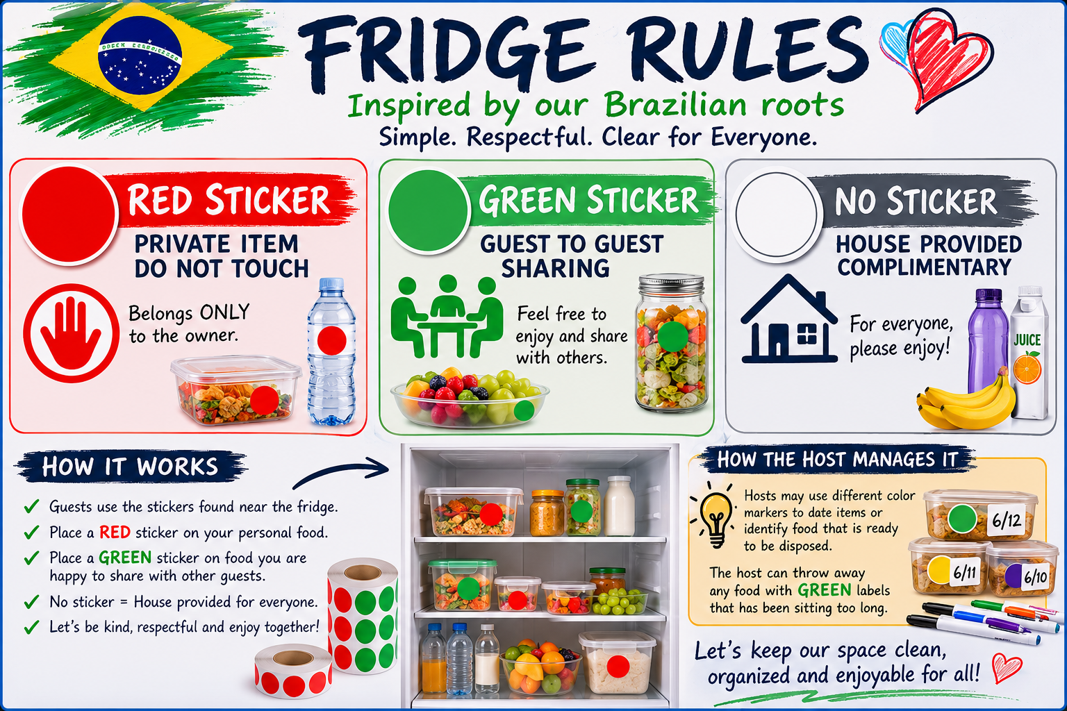 Items without a red sticker are considered available for sharing.