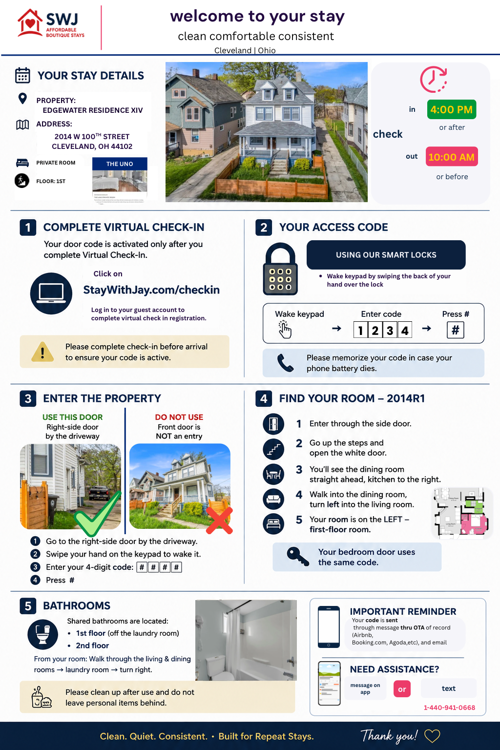 Approved Uno Room guide for P2014R1 and P2014R1S: right-side driveway entrance and first-floor route to your room.